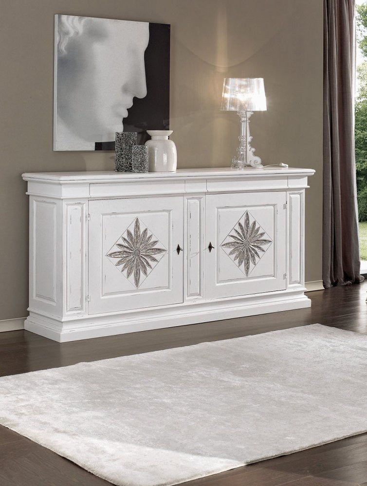Credenza 2 porte 2 cassetti legno intarsio bianco shabby 230x57x113 - Mobili 2G