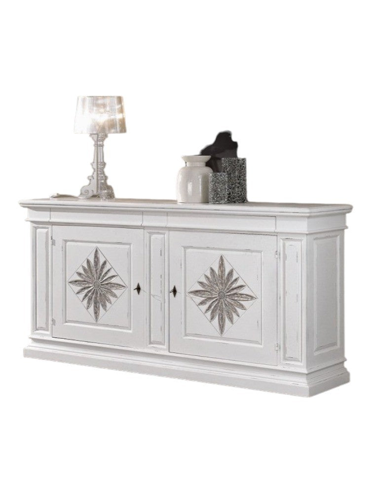 Credenza 2 porte 2 cassetti legno intarsio bianco shabby 230x57x113 - Mobili 2G