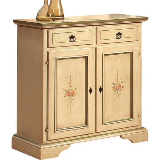 Credenza 2 porte 2 cassetti legno shabby avorio patinato filo verde 90x40x94 (1331) - Mobili 2G