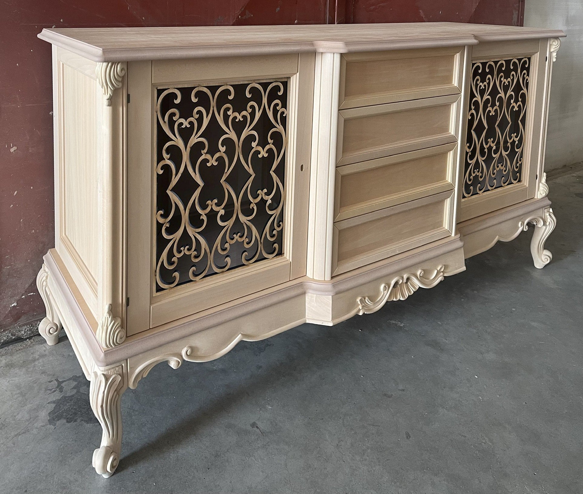 Credenza 2 porte 4 cassetti classica barocco legno grezzo incisa 174x60x92 - Mobili 2G