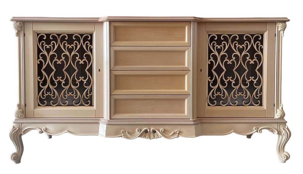 Credenza 2 porte 4 cassetti classica barocco legno grezzo incisa 174x60x92 - Mobili 2G