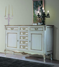Credenza 2 porte 7 cassetti classica legno shabby bianco argento 190x62x107