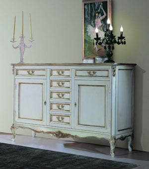Credenza 2 porte 7 cassetti classica legno shabby bianco argento 190x62x107