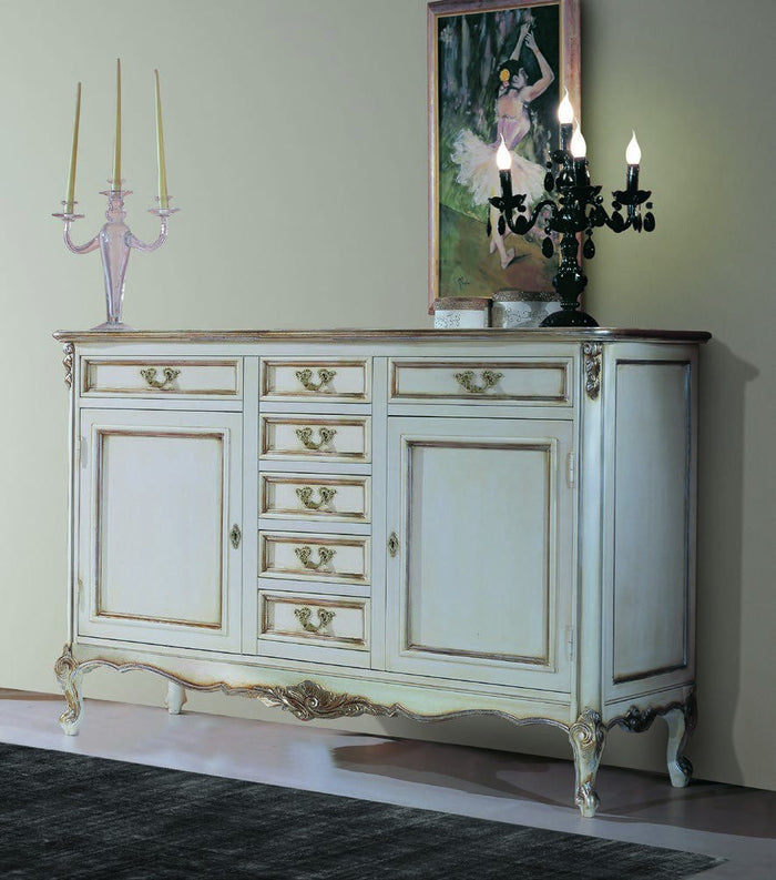 Credenza 2 porte 7 cassetti classica legno shabby bianco argento 190x62x107