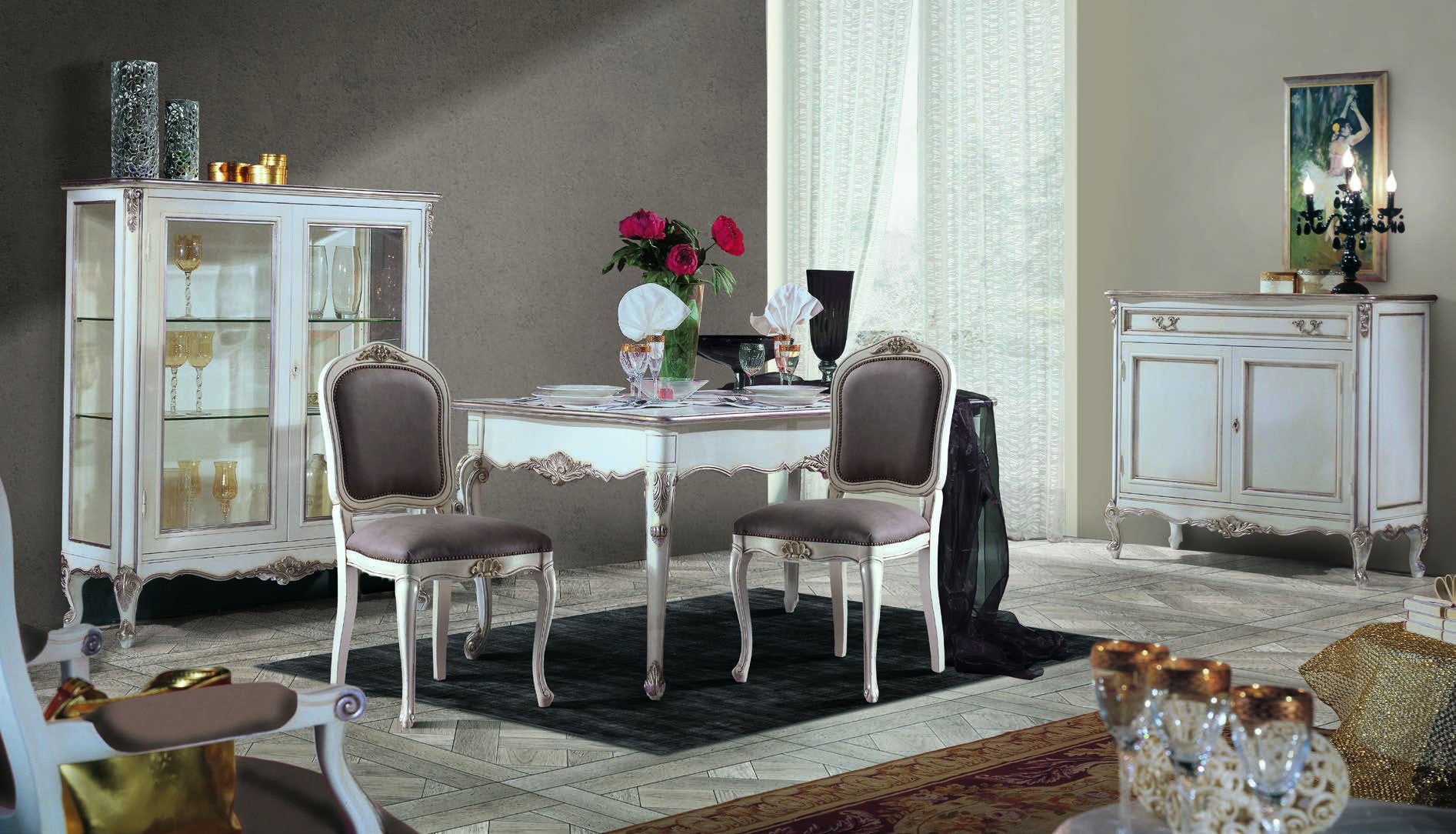 Credenza 2 porte 7 cassetti classica legno shabby bianco argento 190x62x107