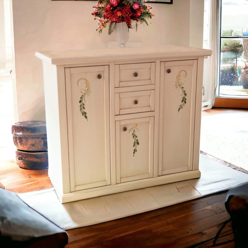 Credenza 3 porte 2 cassetti shabby avorio anticato decori 100x39x85 - Mobili 2G