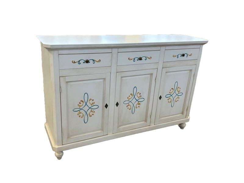 Credenza 3 porte legno shabby bianco anticato decori 150x43x98 - Mobili 2G