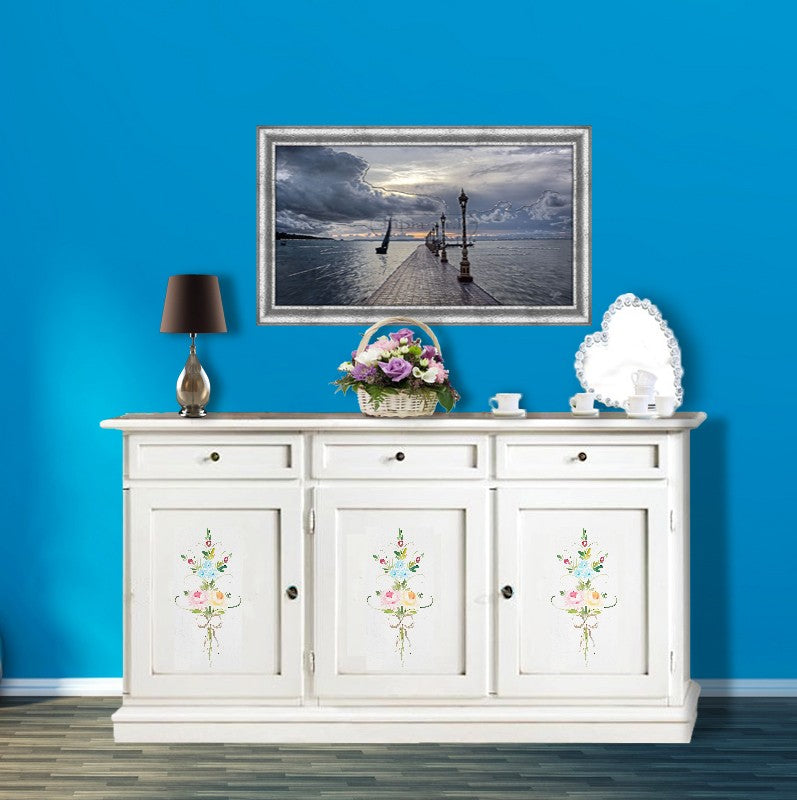 Credenza 3 porte legno shabby bianco decori 156x42x86 - Mobili 2G