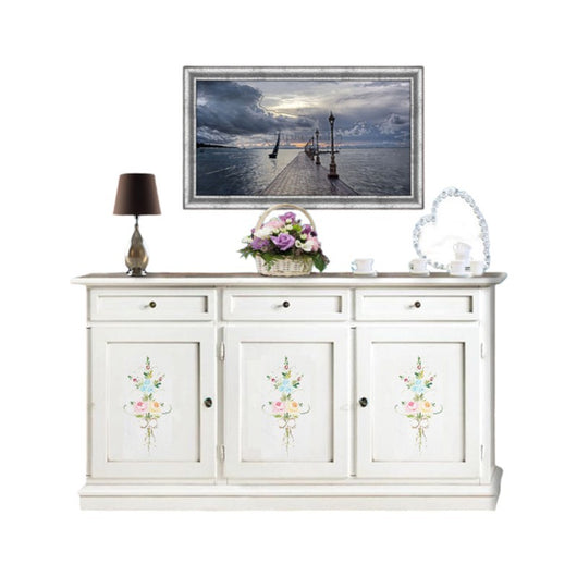 Credenza 3 porte legno shabby bianco decori 156x42x86 - Mobili 2G