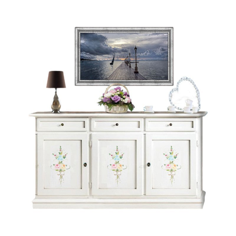 Credenza 3 porte legno shabby bianco decori 156x42x86 - Mobili 2G