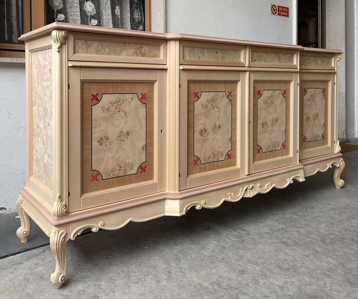 Credenza 4 porte 4 cassetti classica barocco intarsio legno grezzo 227x60x106 - Mobili 2G