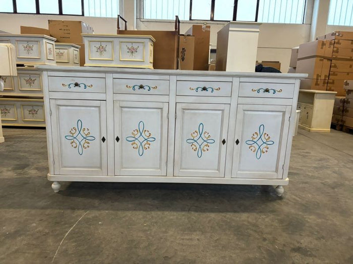 Credenza 4 porte legno shabby bianco anticato decori 196x43x98 - Mobili 2G