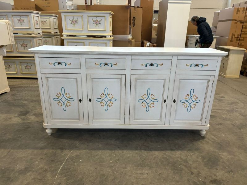 Credenza 4 porte legno shabby bianco anticato decori 196x43x98 - Mobili 2G