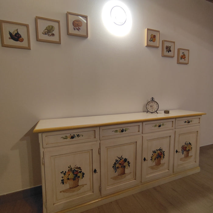Credenza 4 porte legno shabby bianco anticato decori ocra 205x42x86 - Mobili 2G