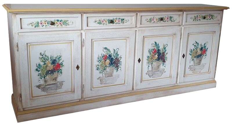 Credenza 4 porte legno shabby bianco anticato decori ocra 205x42x86 - Mobili 2G