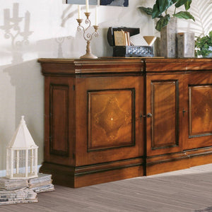 Credenza classica 3 porte 2 cassetti legno noce patinato 214x58x118