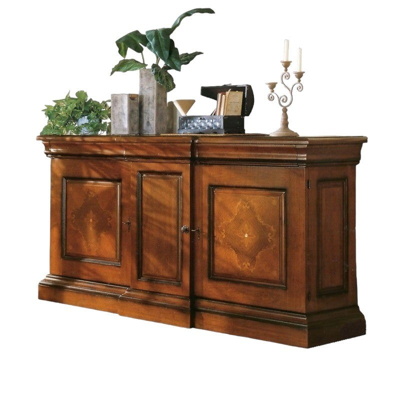 Credenza classica 3 porte 2 cassetti legno noce patinato 214x58x118