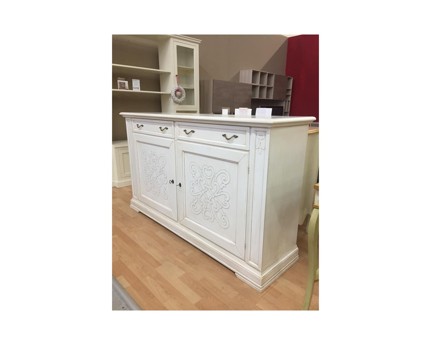 Credenza classica decoro legno 2 porte shabby bianco 184x50x106