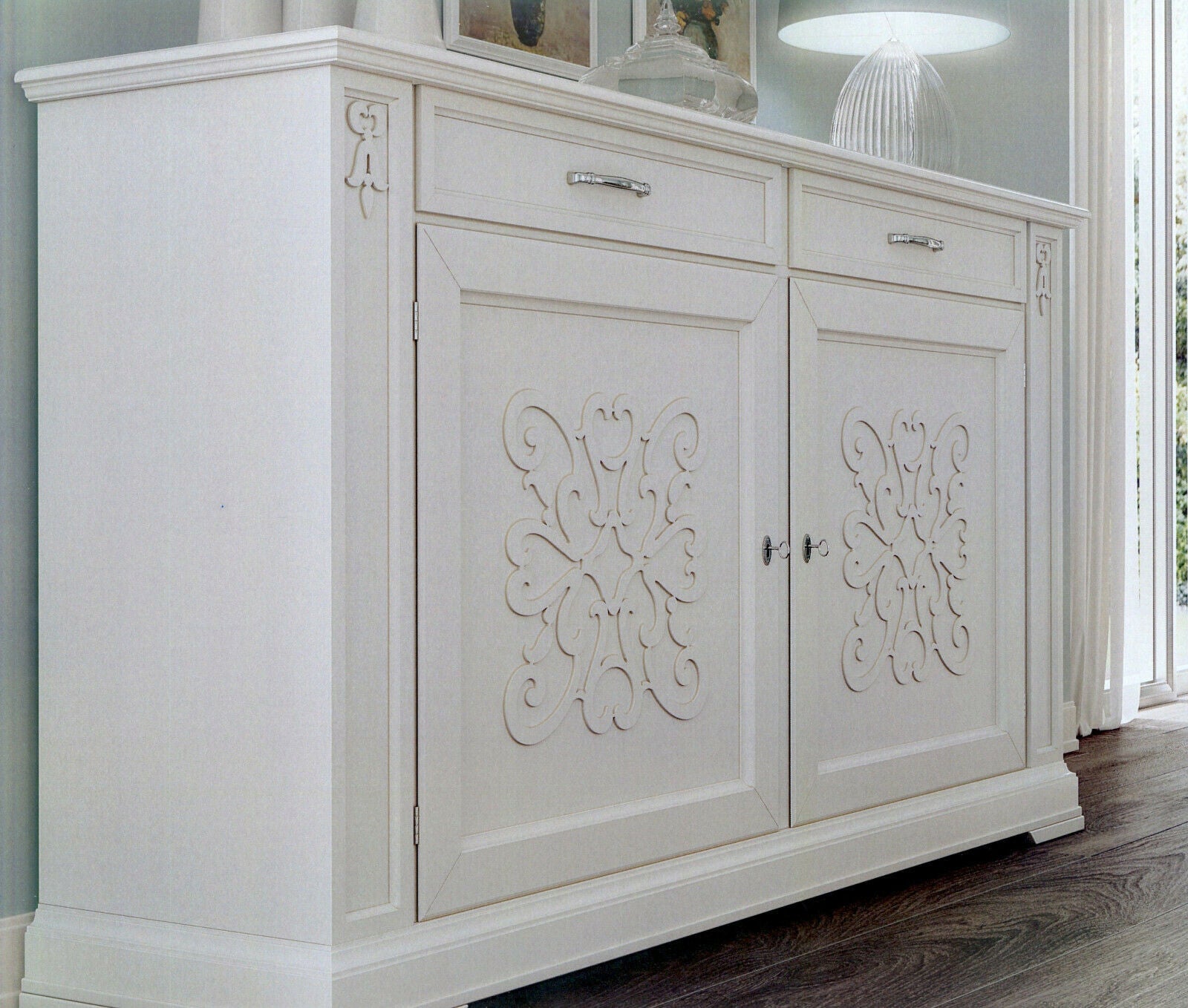 Credenza classica decoro legno 2 porte shabby bianco 184x50x106