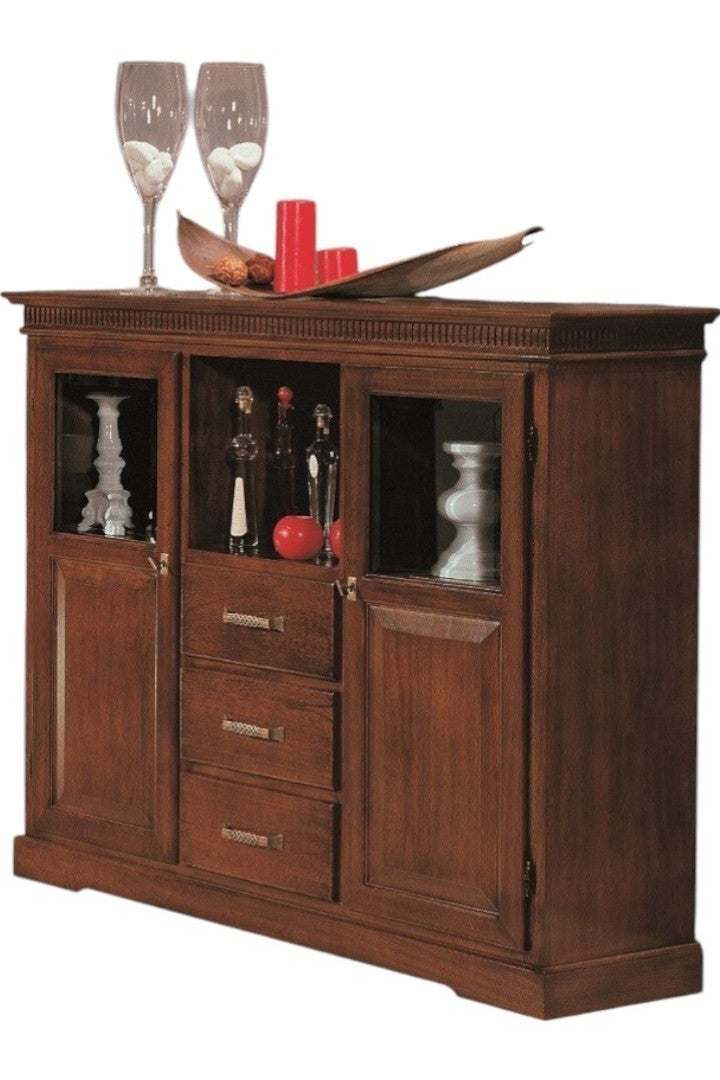 Credenza vetrina arte povera 2 porte 3 cassetti legno tinta noce 150x47x130 (1220) - Mobili 2G