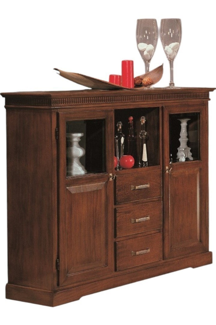 Credenza vetrina arte povera 2 porte 3 cassetti legno tinta noce 150x47x130 (1220) - Mobili 2G