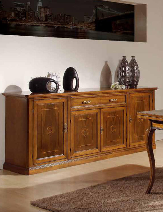 Credenzone in legno 4 porte 1 cassetto intarsi tinta noce 211x49x90