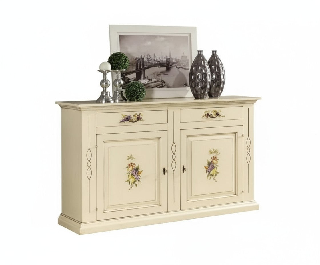 Credenzone shabby legno avorio con decori 177x48x110 - Mobili 2G