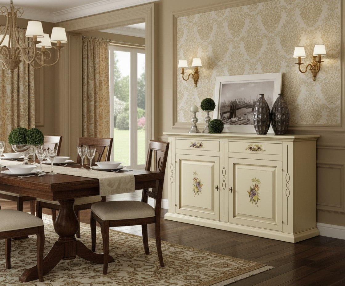 Credenzone shabby legno avorio con decori 177x48x110 - Mobili 2G