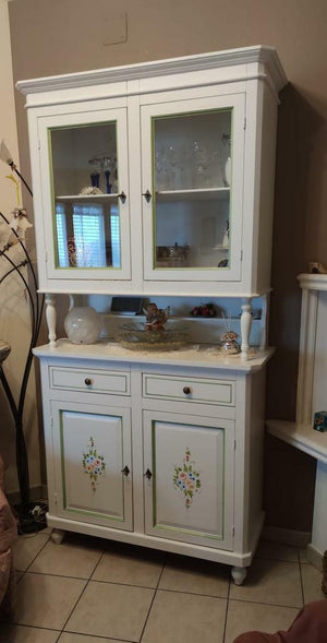 Cristalliera 2 porte classica legno bianco decorato 104x43x208