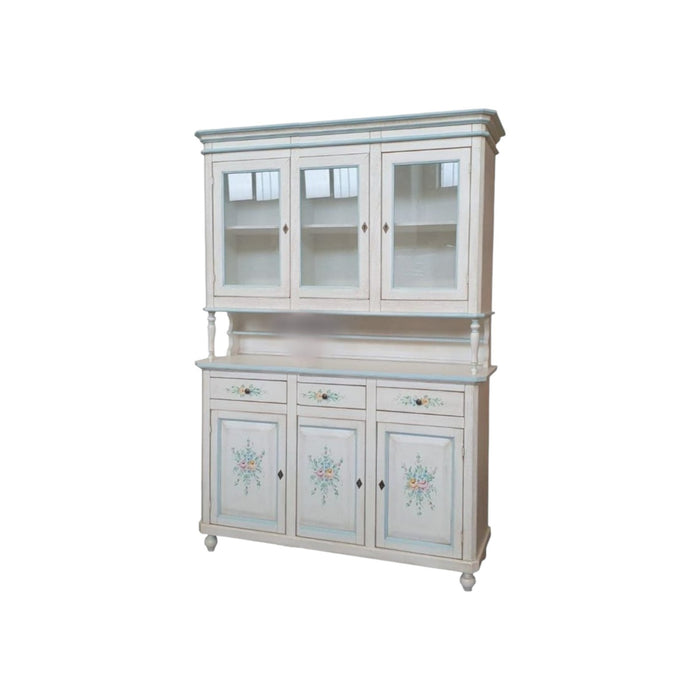 Cristalliera 3 ante legno bianco invecchiato decori filo azzurro 150x43x208 - Mobili 2G