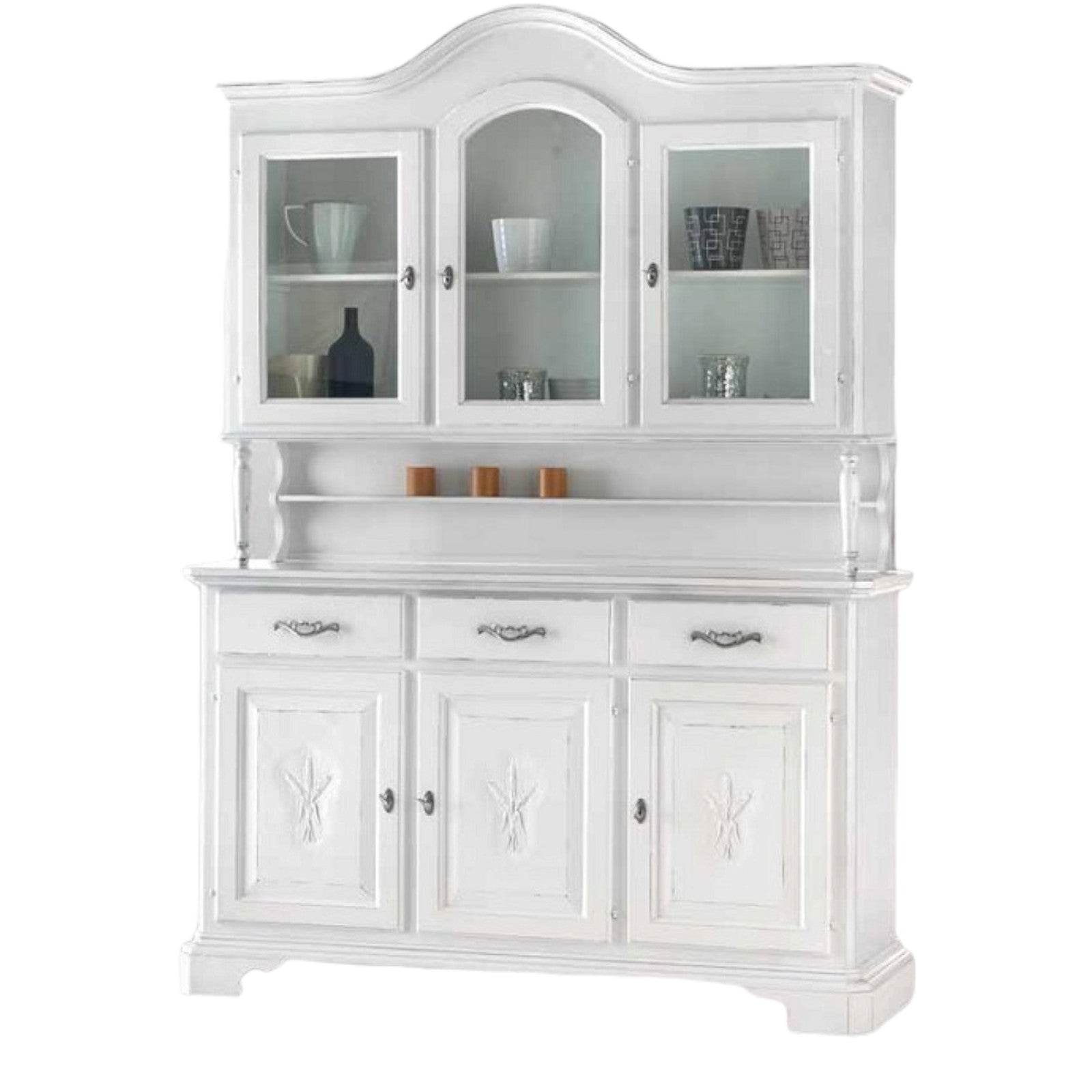 Cristalliera 3 porte classica sagomata spiga legno shabby bianco 163x49x228