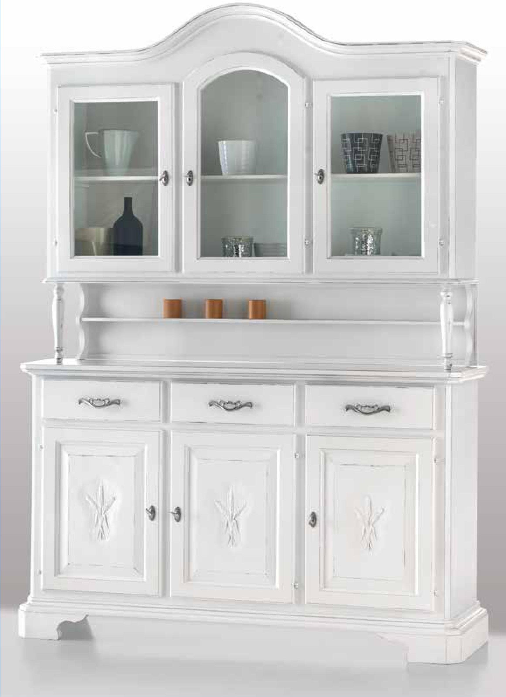 Cristalliera 3 porte classica sagomata spiga legno shabby bianco 163x49x228