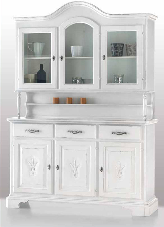 Cristalliera 3 porte classica sagomata spiga legno shabby bianco 163x49x228