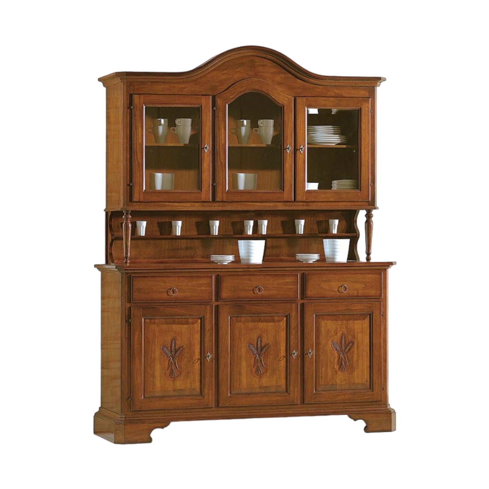 Cristalliera 3 porte classica sagomata spiga legno tinta noce 163x49x228 - Mobili 2G