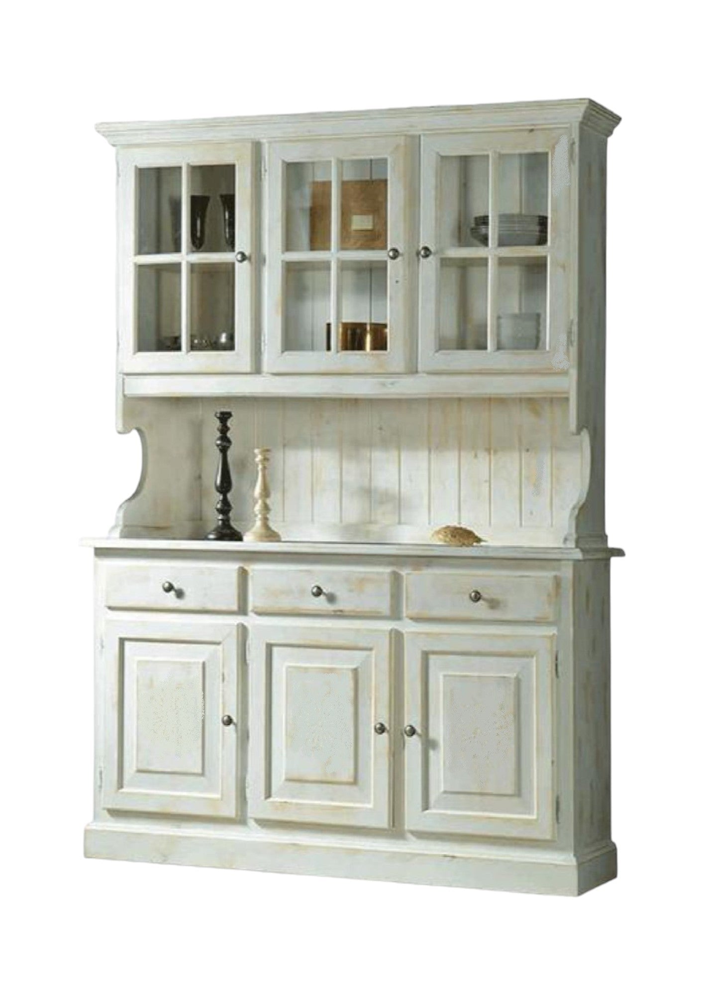 Cristalliera 3 porte legno massello shabby bianco invecchiato l.147 p.43 h.195 - Mobili 2G
