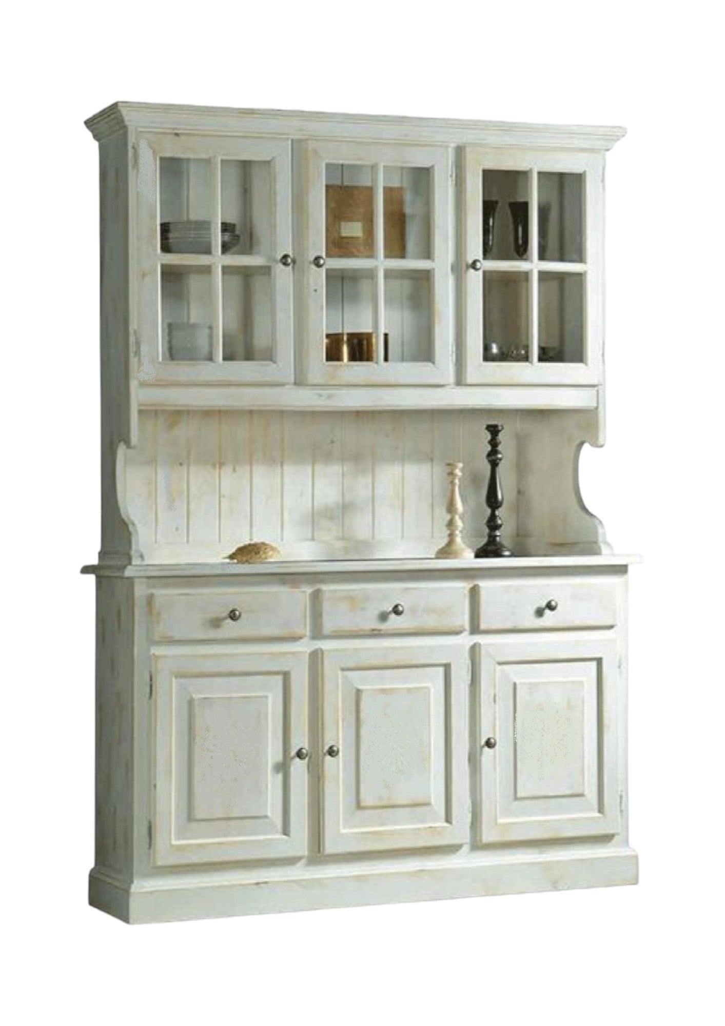 Cristalliera 3 porte legno massello shabby bianco invecchiato l.147 p.43 h.195 - Mobili 2G