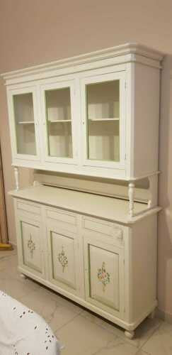 Cristalliera 3 porte napoletana legno bianco sporco decori l.150 p.43 h.208 (492) - Mobili 2G