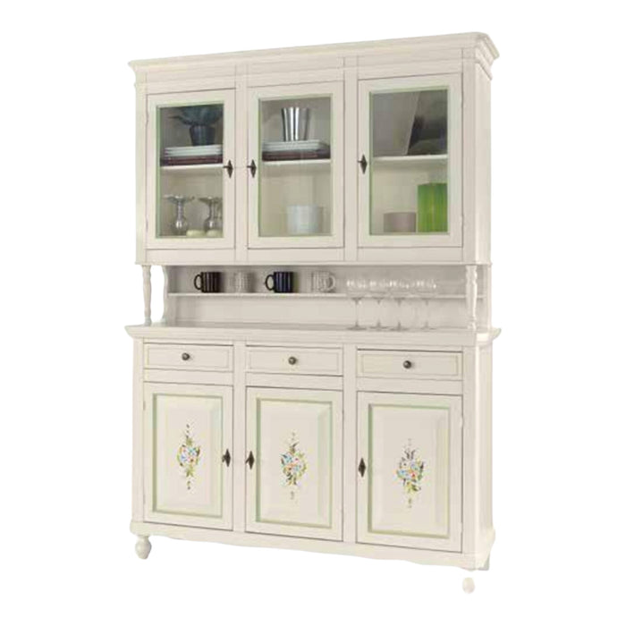 Cristalliera 3 porte napoletana legno bianco sporco decori l.150 p.43 h.208 (492) - Mobili 2G