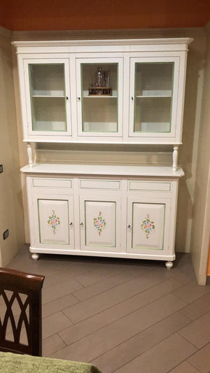 Cristalliera 3 porte napoletana legno bianco sporco decori l.150 p.43 h.208 (492) - Mobili 2G