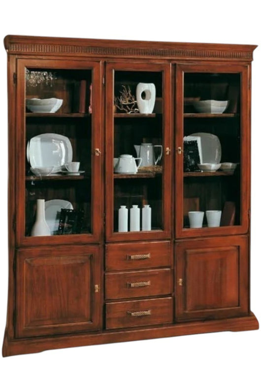 Cristalliera arte povera 3 porte 3 cassetti legno tinta noce 180x40x200 (1221) - Mobili 2G