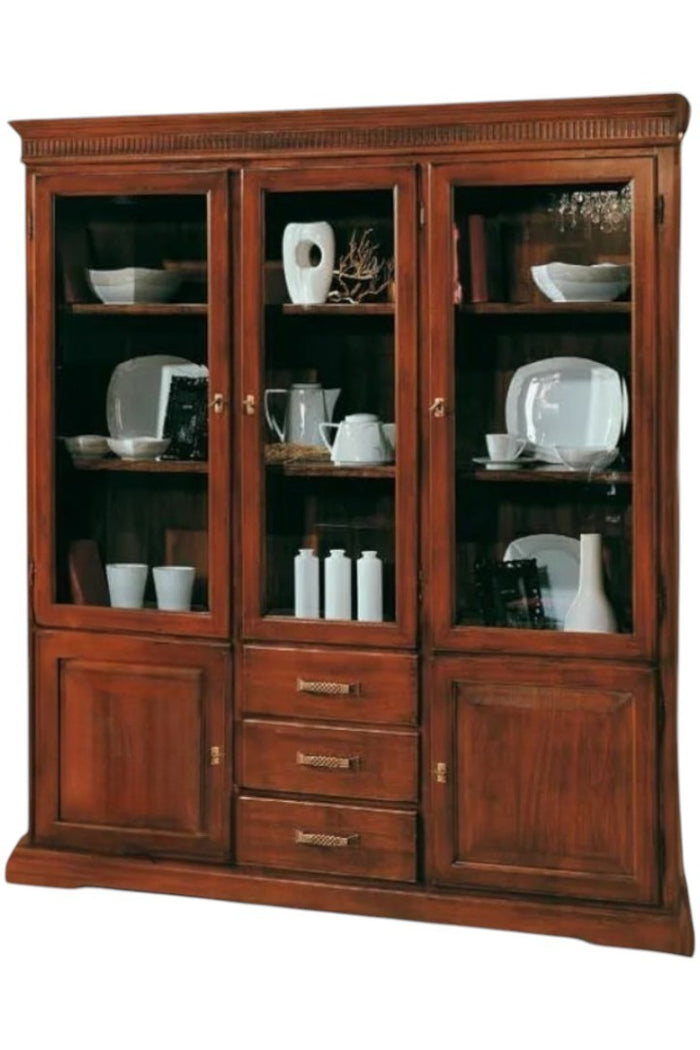 Cristalliera arte povera 3 porte 3 cassetti legno tinta noce 180x40x200 (1221) - Mobili 2G