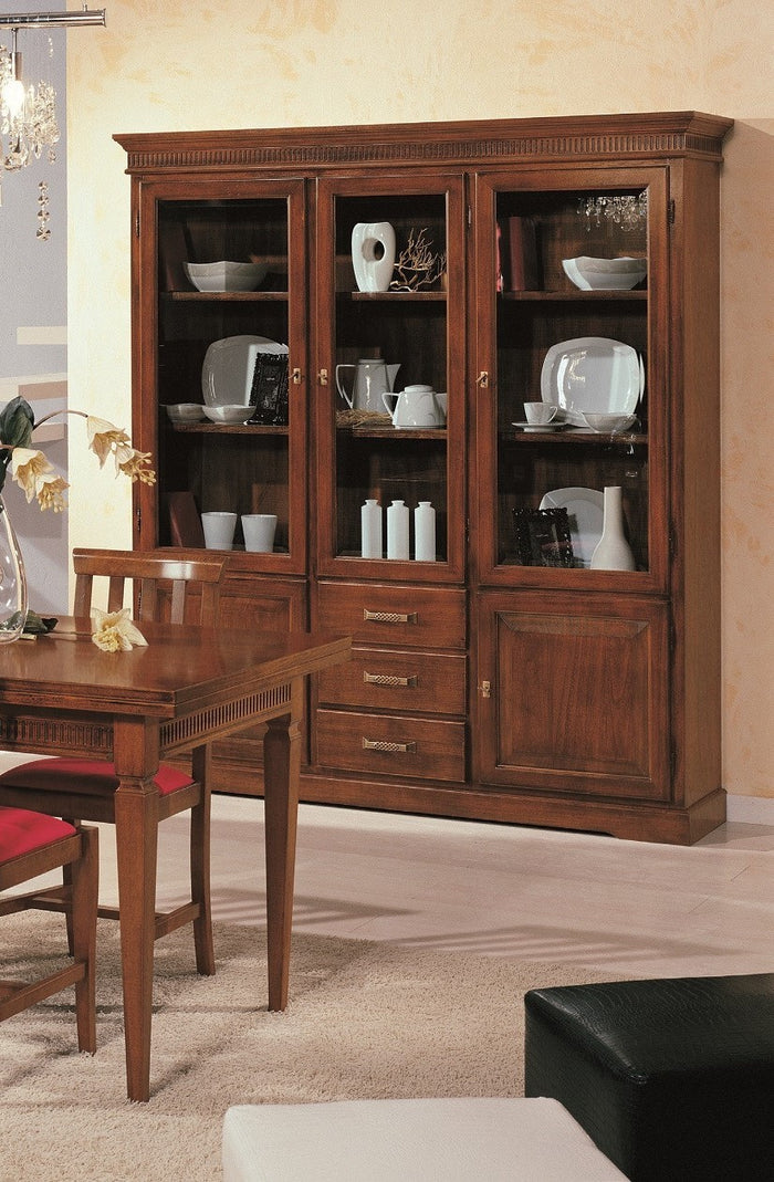 Cristalliera arte povera 3 porte 3 cassetti legno tinta noce 180x40x200 (1221) - Mobili 2G