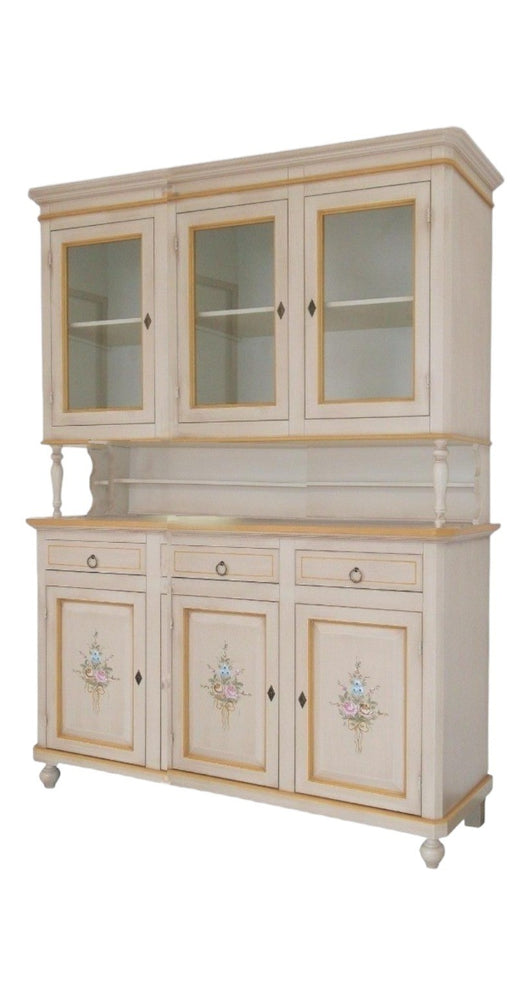 Cristalliera arte povera legno 3 porte avorio patinato decori 150x43x208