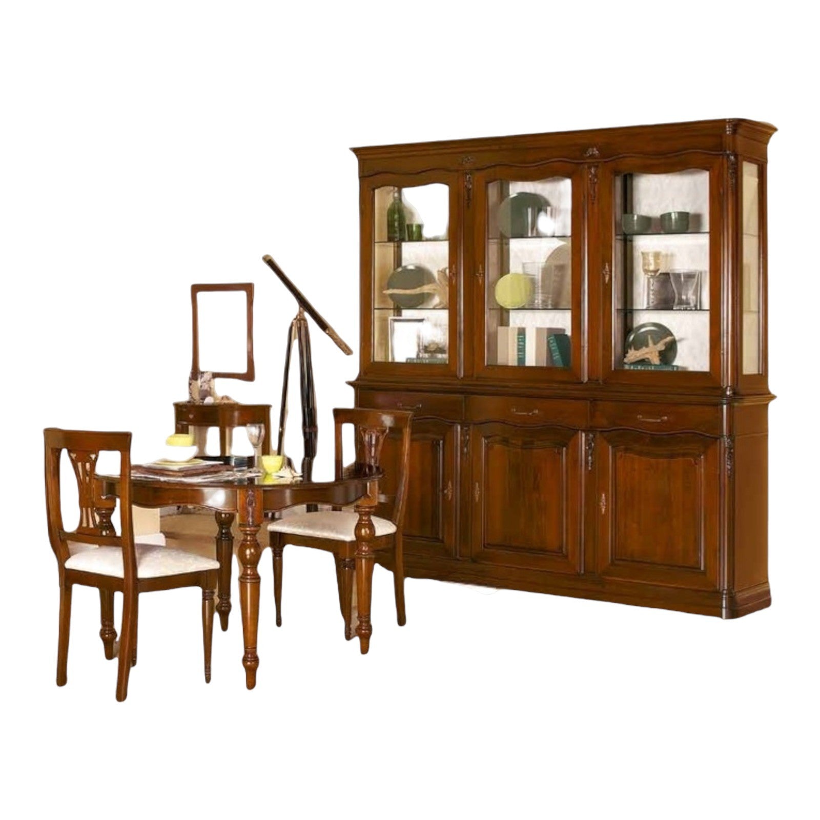 Cristalliera boiserie in legno fregi tinta noce 225x53x230