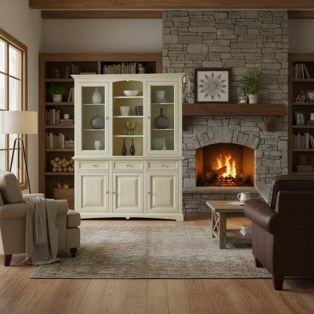 Cristalliera con vetrina in legno 3 ante shabby chic avorio anticato l.170 p.46 h.215 - Mobili 2G