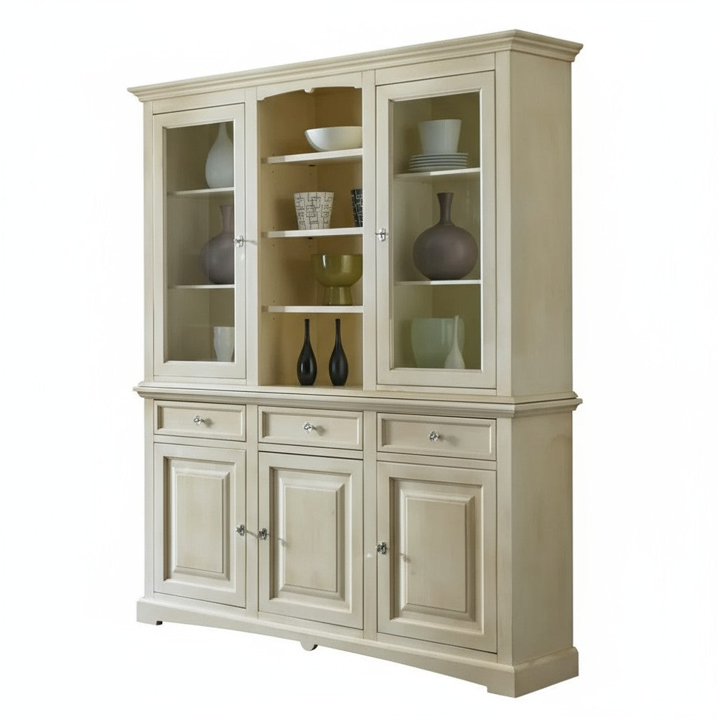 Cristalliera con vetrina in legno 3 ante shabby chic avorio anticato l.170 p.46 h.215 - Mobili 2G