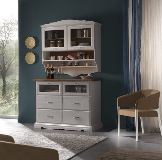 Cristalliera shabby in legno massello 2 ante 2 cassetti grigio/naturale l.120 p.58 h.197 - Mobili 2G