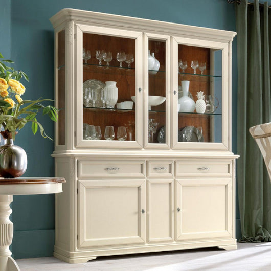 Cristalliera shabby in legno massello 4 ante 3 cassetti beige opaco l.180 p.50 h.220 - Mobili 2G