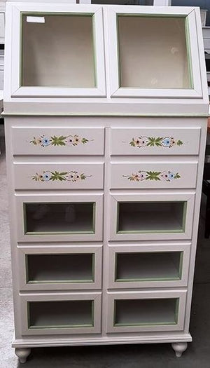 Dispensa 10 cassetti 2 ante legno bianco sporco e profili verdi 80x42x153