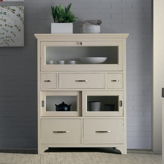 Dispensa shabby in legno massello 3 ribalte 5 cassetti avorio opaco l.110 p.45 h.140 - Mobili 2G